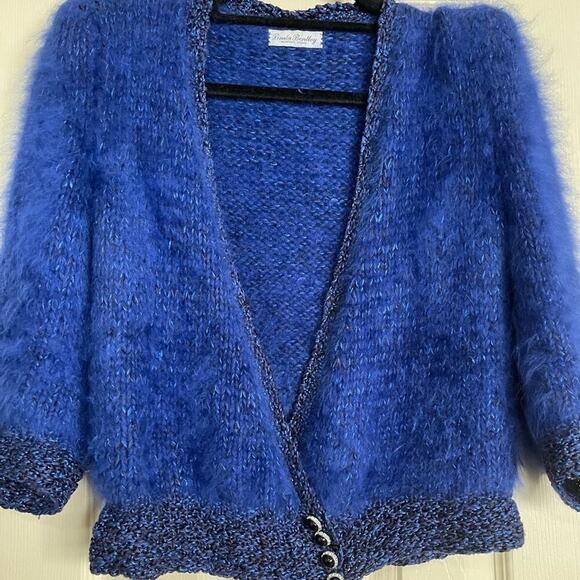 Sweater-  cardigan 100% angora Belgin long hair Cobalt blue small  3/4 sleeves - Picture 2 of 5